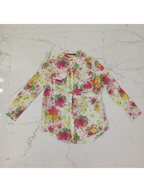 Floral Button-Up Shirt Mandarin Collar Pockets XS Zara Basic Cotton/Silk